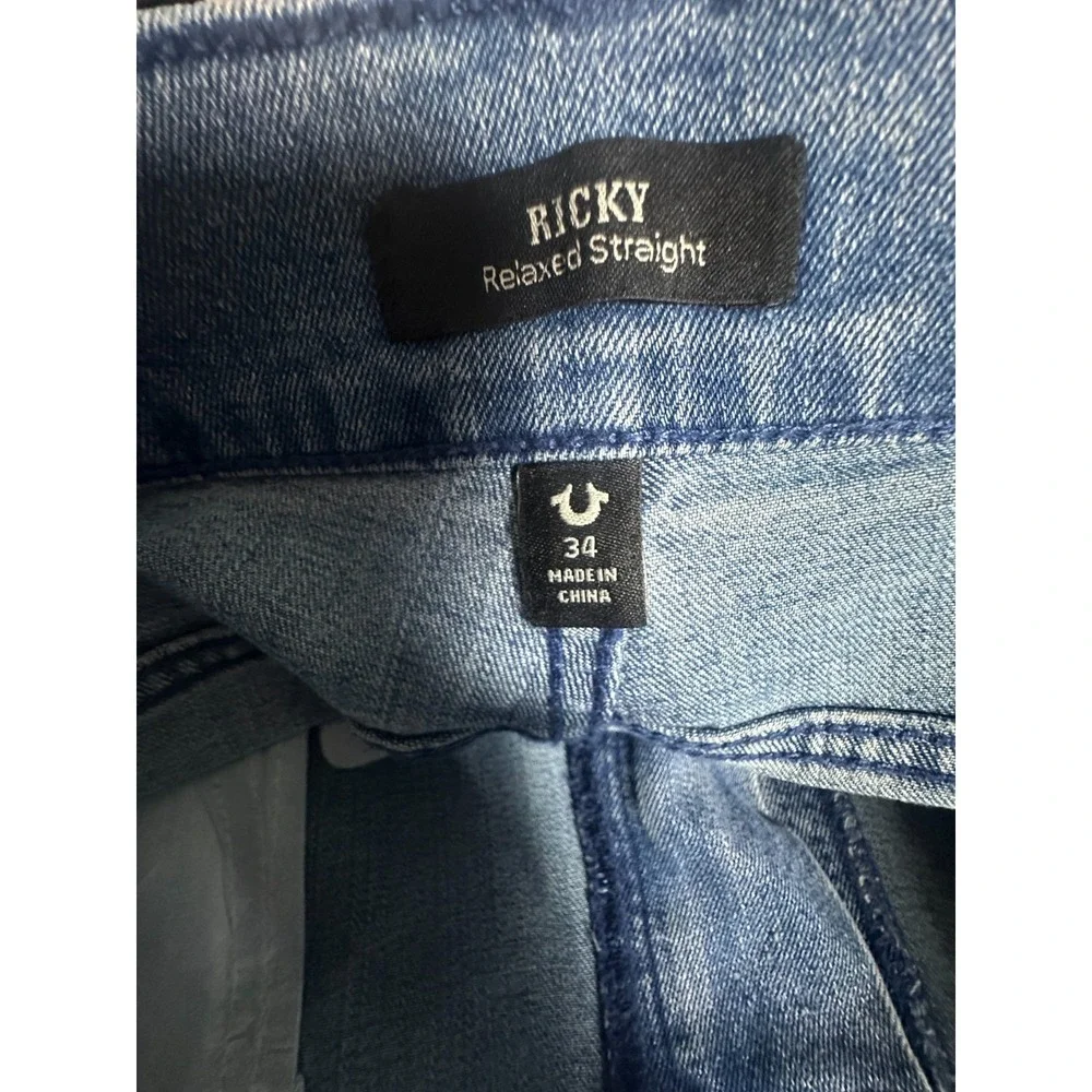 True Religion Ricky Relaxed Straight Jeans Mens 34 Stretch Flap‎ Pockets Blue
